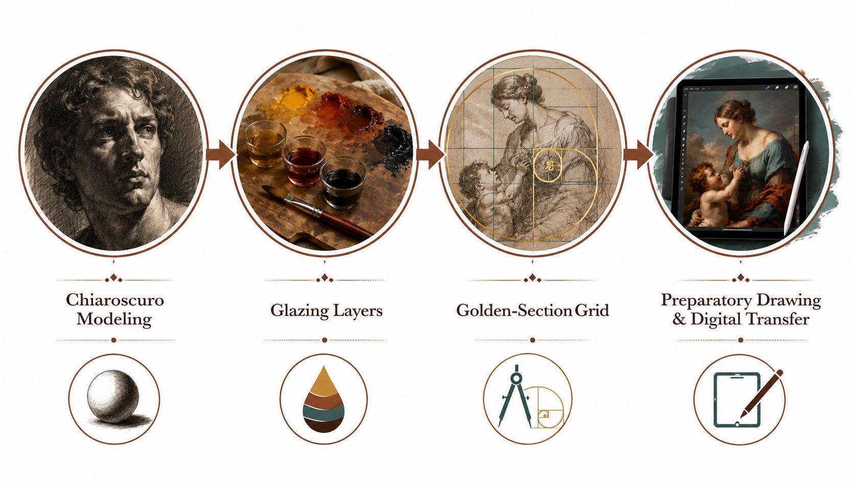 An infographic illustrating four artistic techniques including chiaroscuro modeling, glazing layers, golden section grid, and digital drawing.