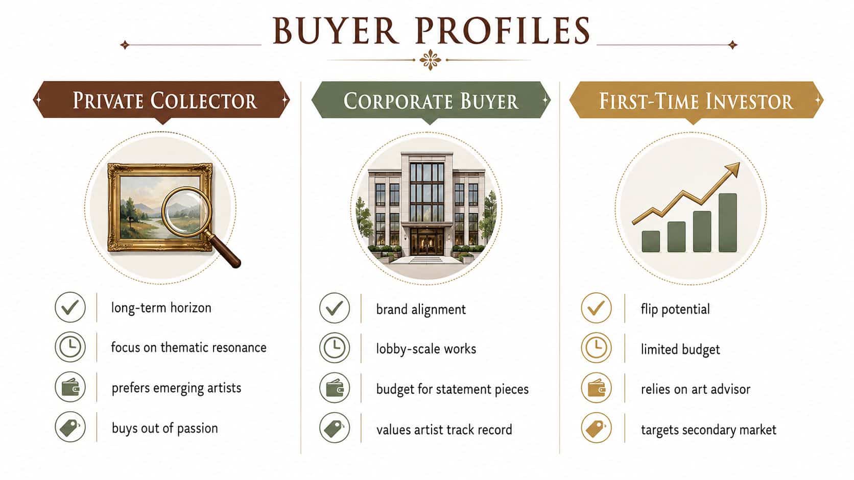 An infographic titled Buyer Profiles comparing three art buyer types: Private Collector, Corporate Buyer, and First-Time Investor.