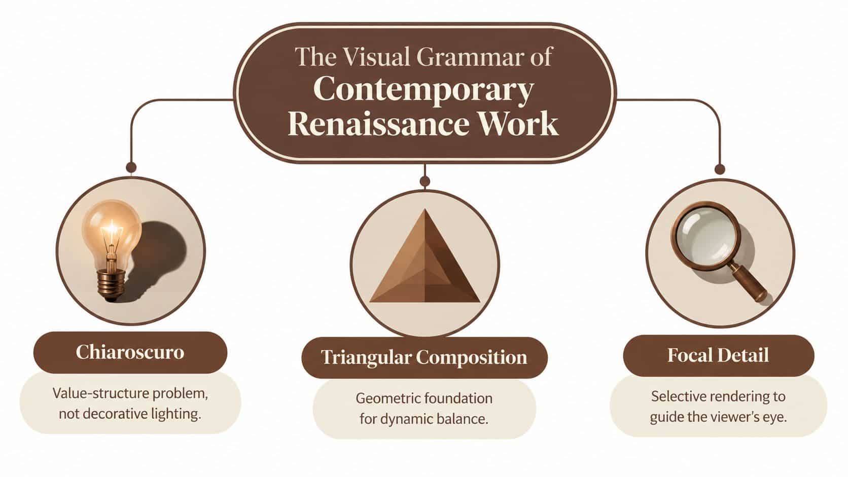 A diagram titled The Visual Grammar of Contemporary Renaissance Work illustrating chiaroscuro, triangular composition, and focal detail.