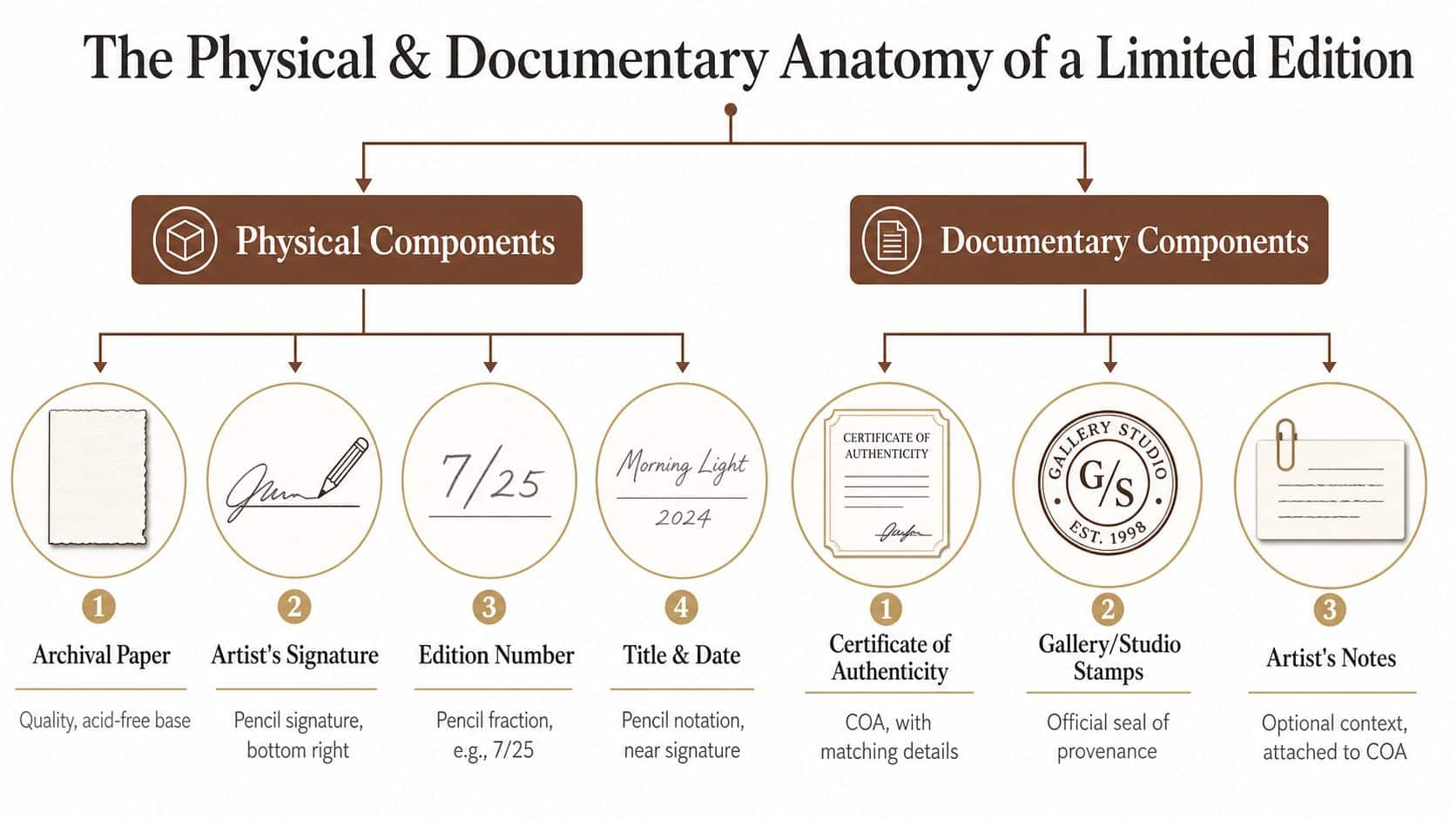 A diagram illustrating the physical and documentary components of an authentic limited edition art print.