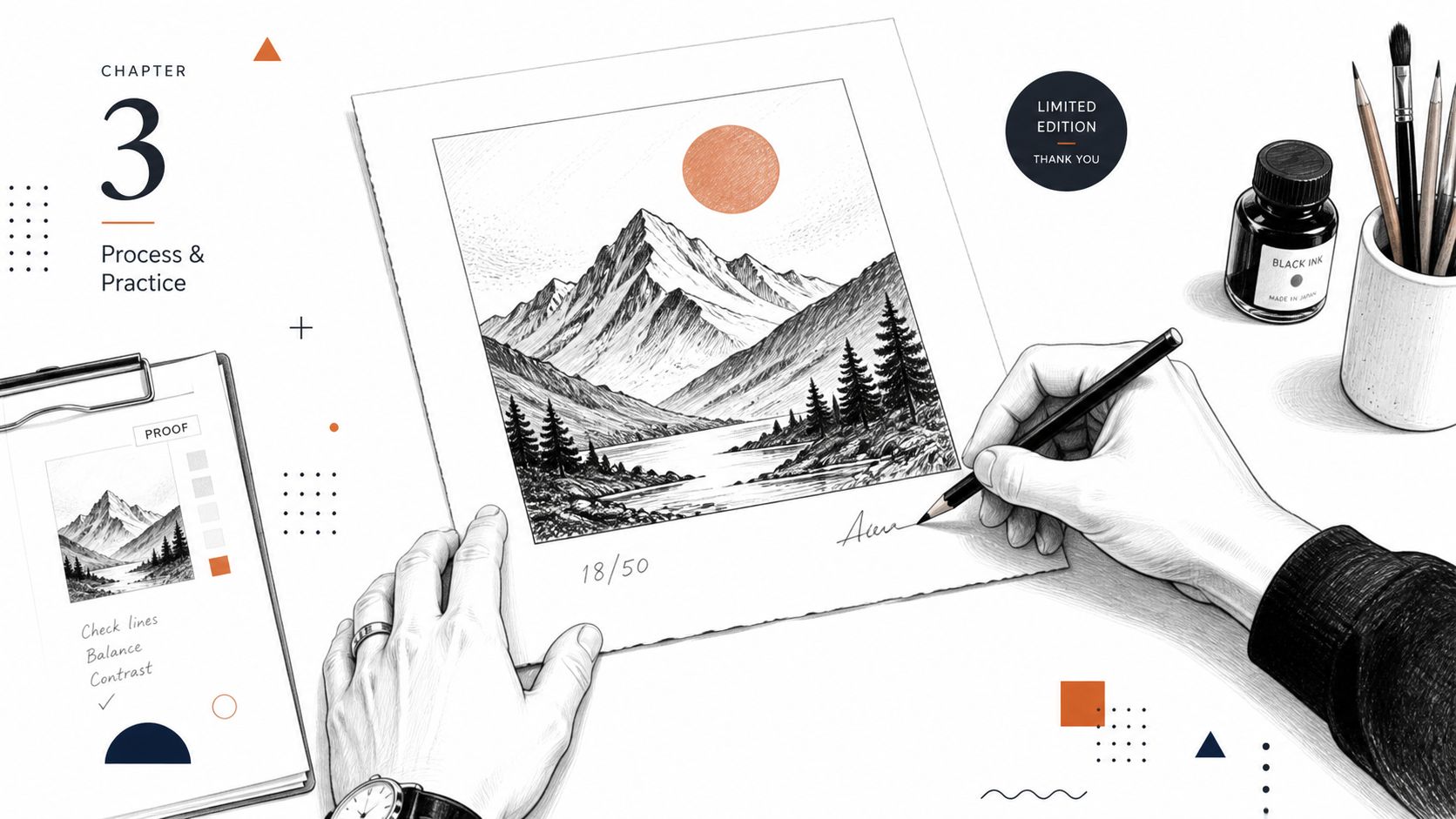 An artist signs a limited edition mountain landscape print with a pencil, featuring numbering and ink supplies.