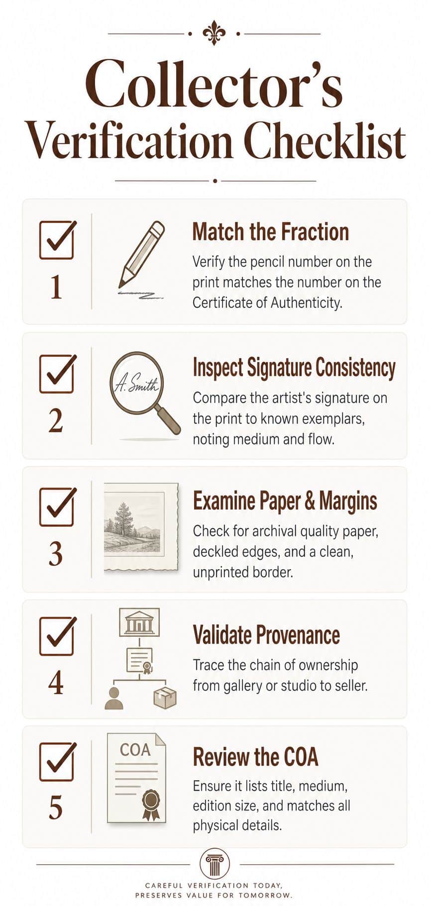 A five-step checklist for verifying the authenticity and value of limited edition signed and numbered art prints.