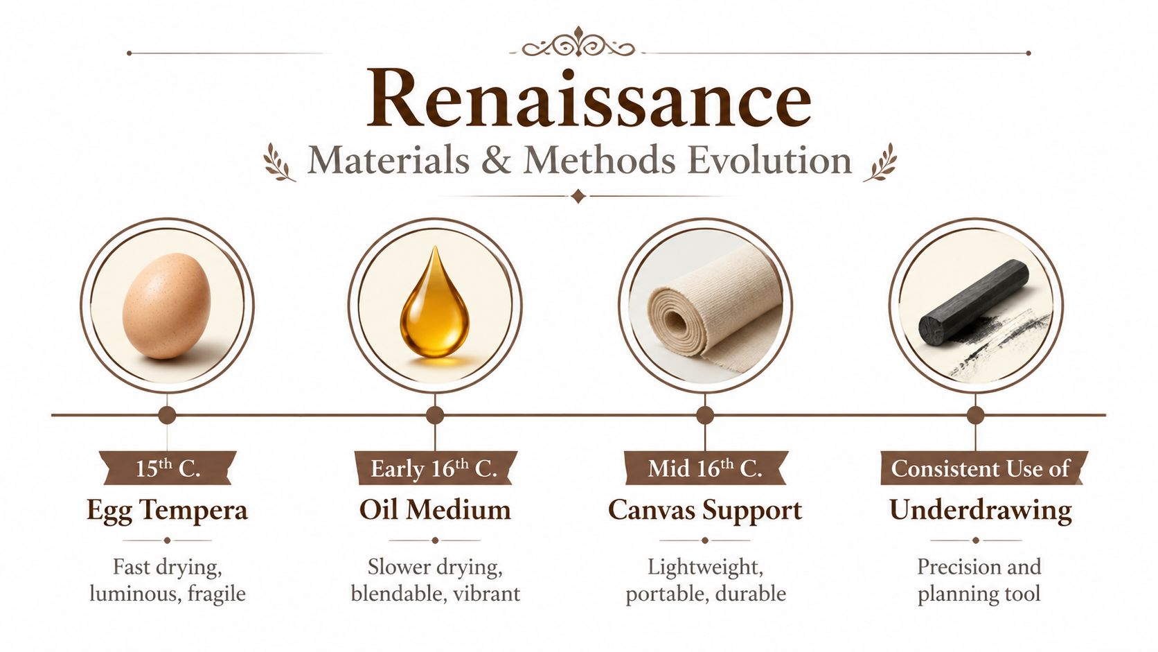 A timeline graphic showing the historical evolution of art materials and methods during the Renaissance period.