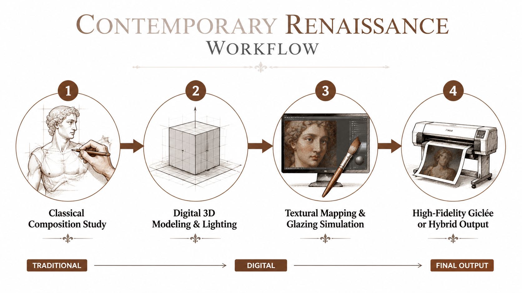 A four-step infographic illustrating the Contemporary Renaissance workflow from classical composition study to high-fidelity digital art printing.
