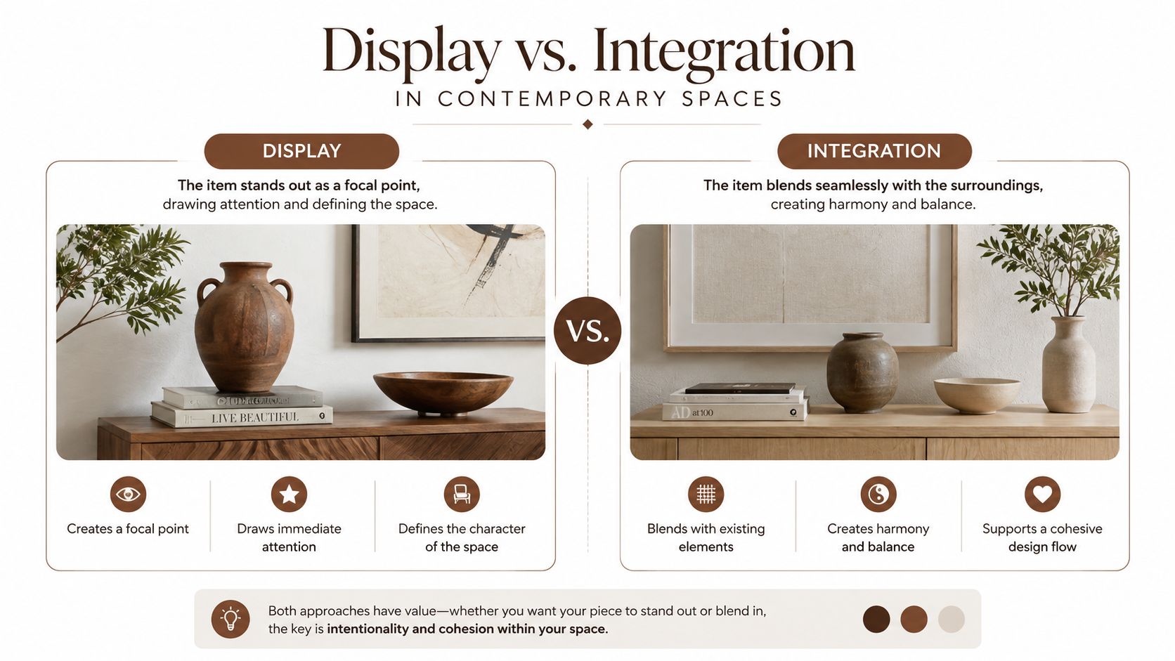 A design comparison graphic showing the difference between display and integration in interior styling spaces.