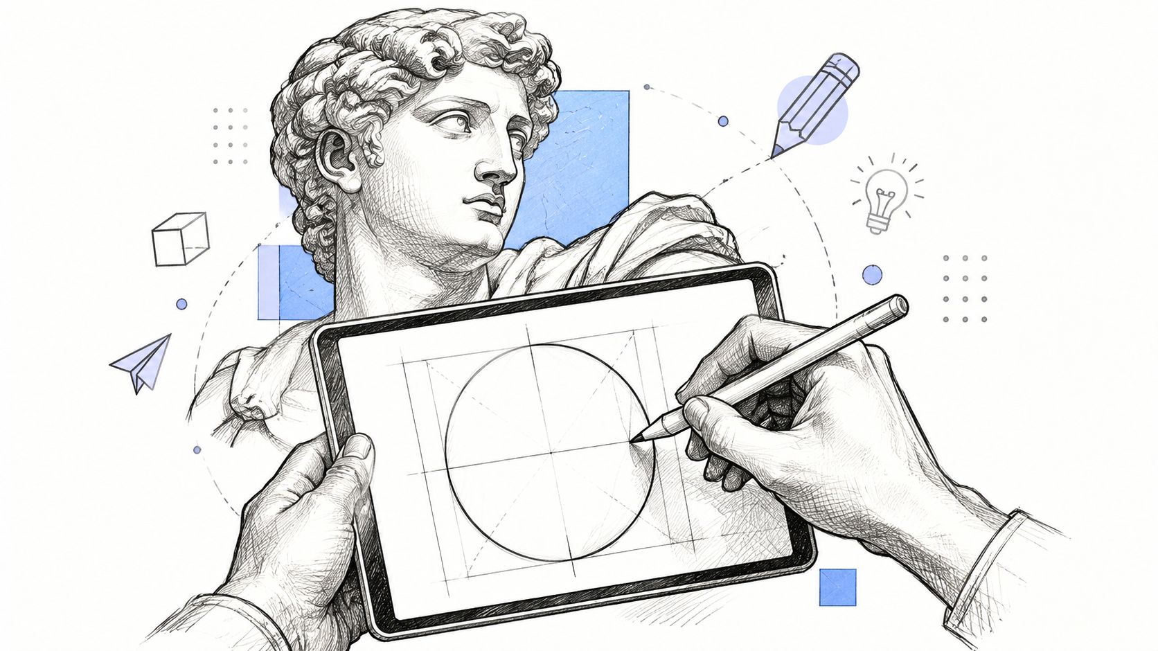 A hand drawing a geometric circle on a tablet with a classical sculpture in the background.