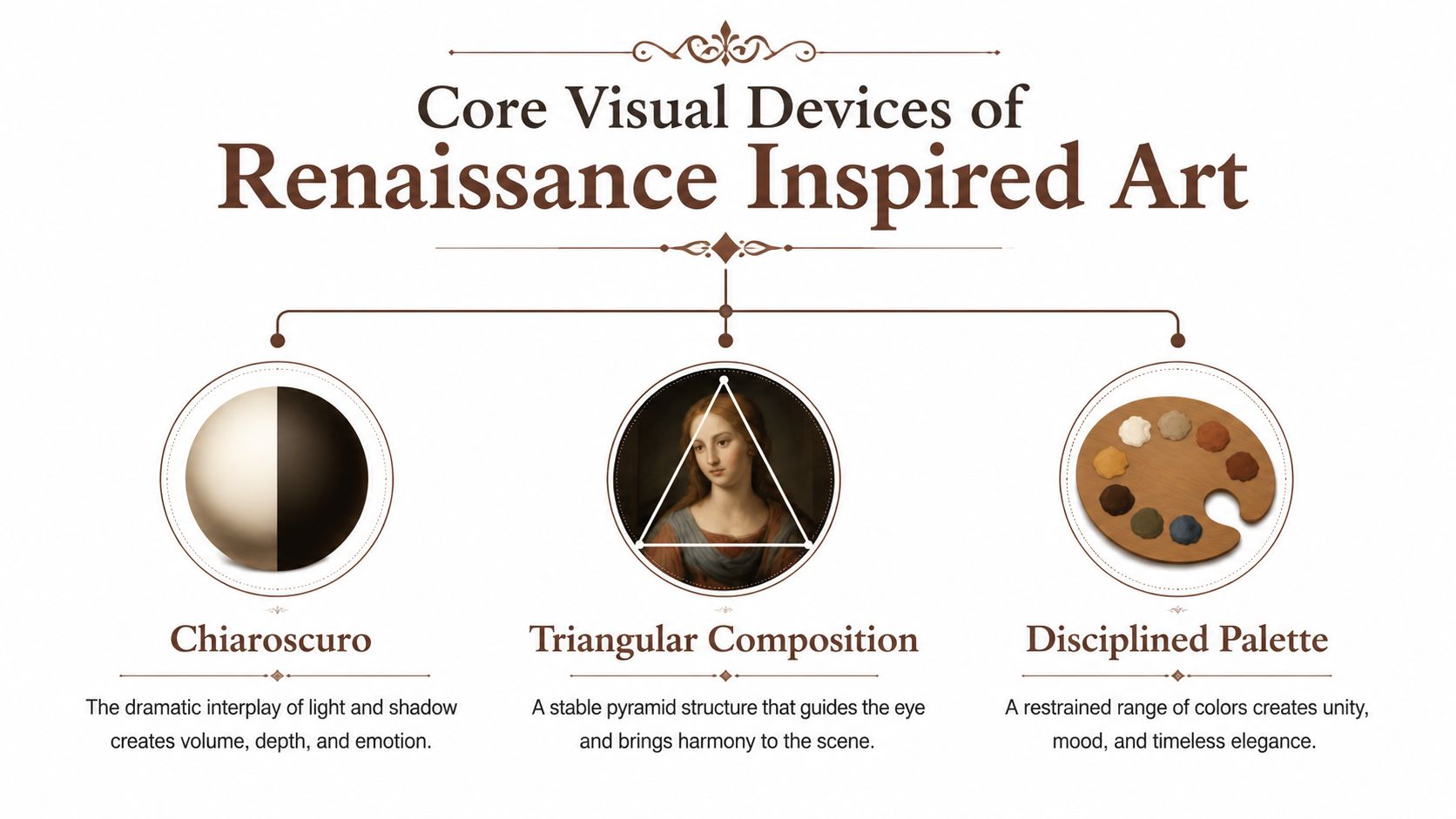 A visual infographic explaining three key elements of Renaissance art: chiaroscuro, triangular composition, and a disciplined palette.