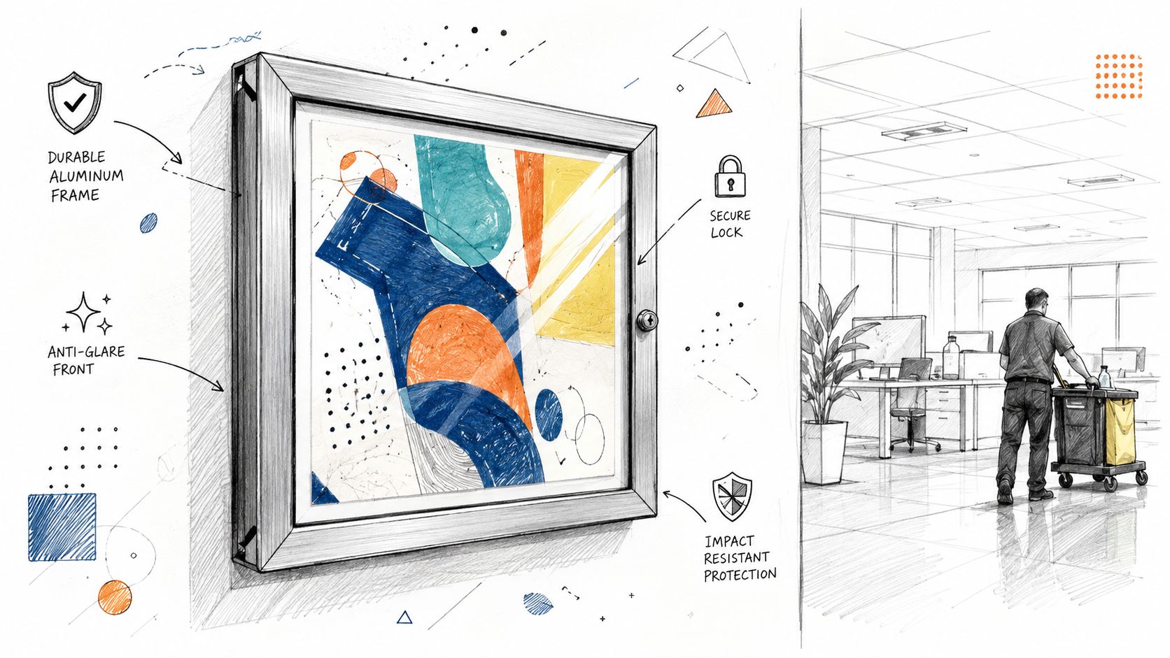 A framed wall display case featuring modern abstract art in a professional office environment setting.