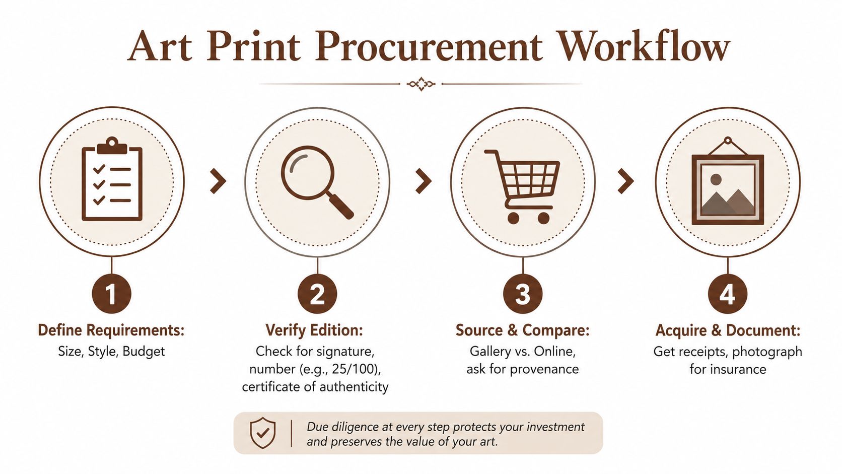 An infographic titled Art Print Procurement Workflow showing a four-step process for buying collectible art prints.