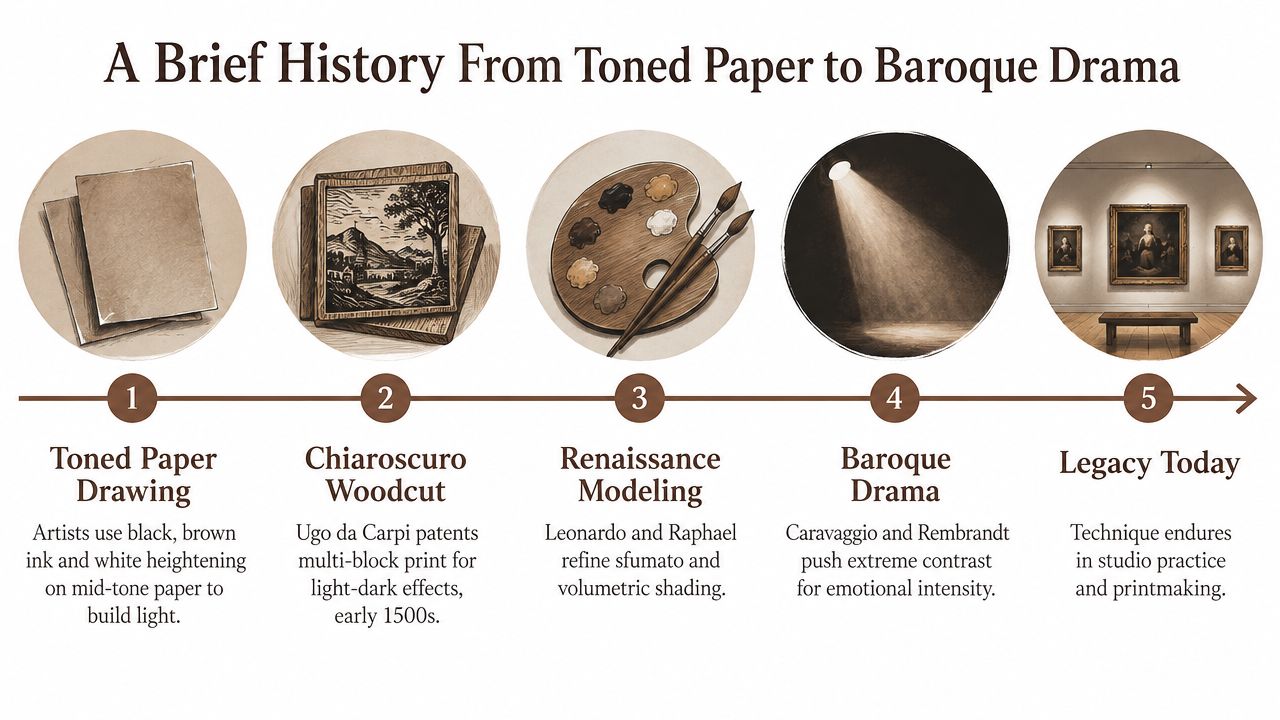 An infographic titled A Brief History From Toned Paper to Baroque Drama detailing five stages of art evolution.