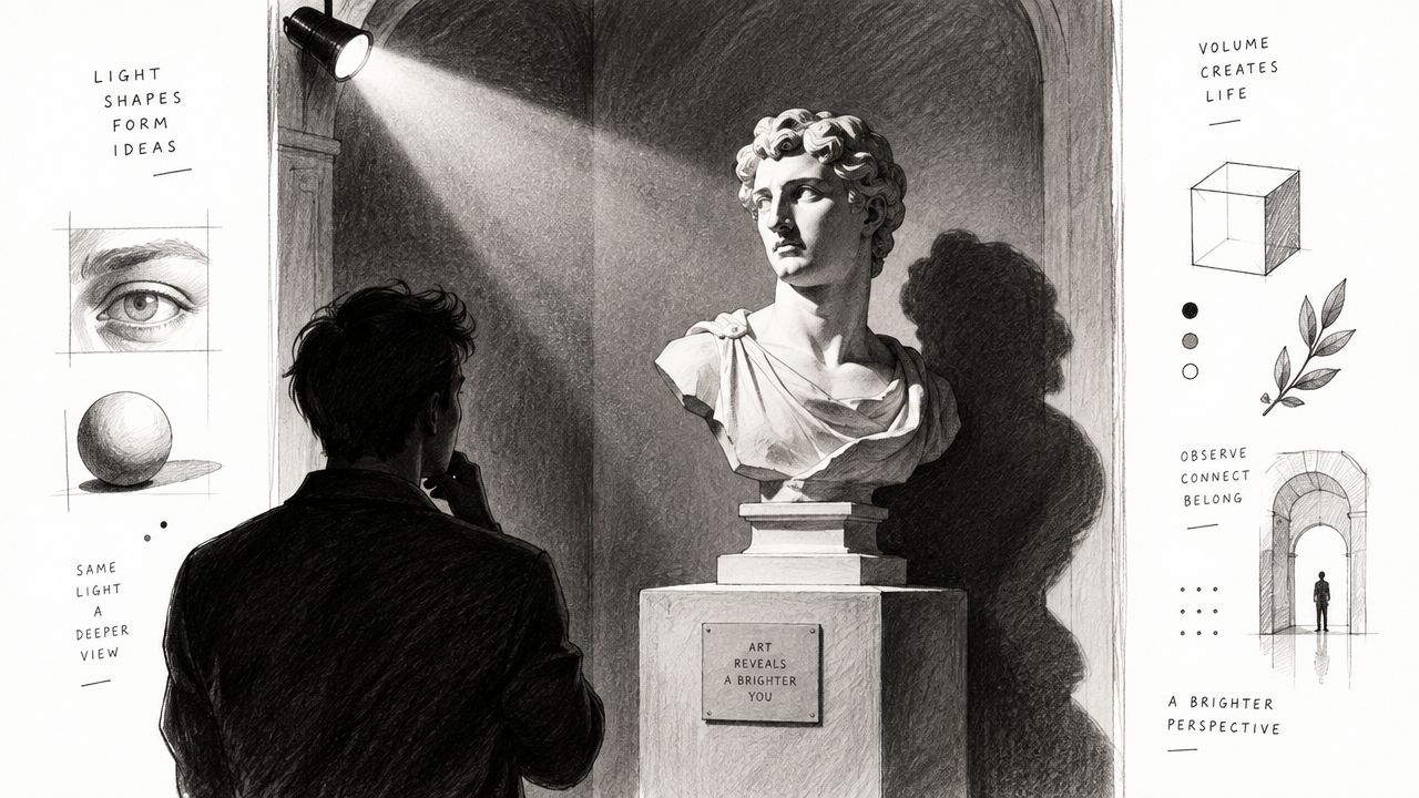 A person contemplating a classical statue in an art gallery, illustrating the principles of chiaroscuro and volume.