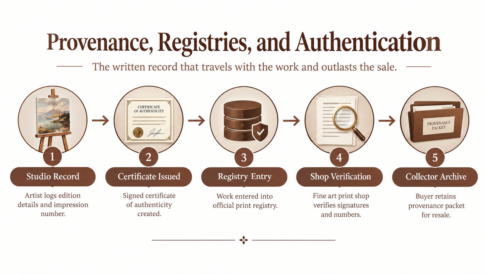 A flow chart illustrating the five-step process of provenance, registries, and authentication for fine art prints.