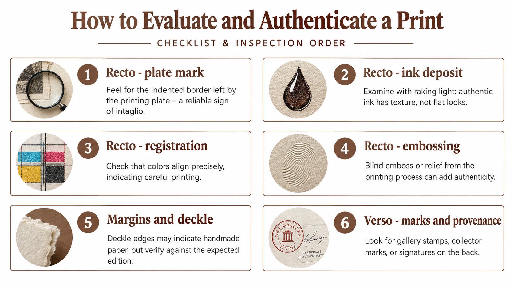 An infographic checklist for evaluating and authenticating fine art prints through six visual inspection points.