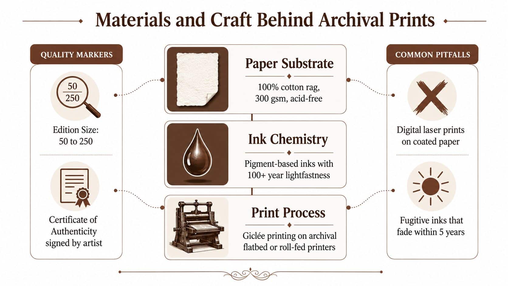 An infographic detailing the materials and professional standards required for creating high-quality, archival limited edition artwork prints.