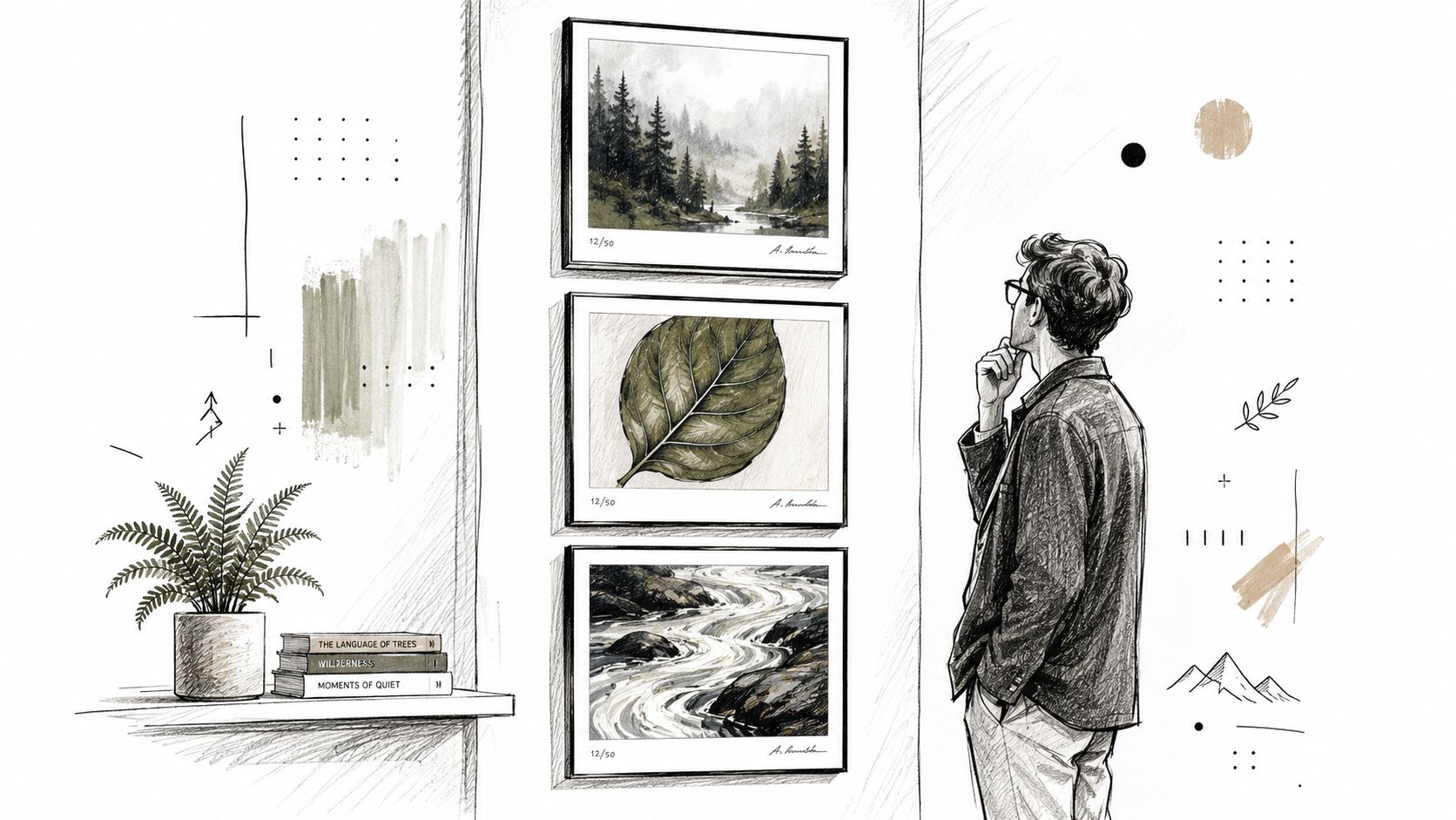 A man thoughtfully observing a series of limited edition nature art prints on a wall in a room.