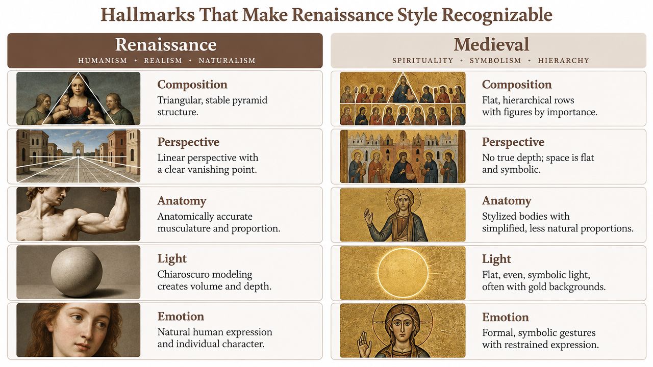 A comparison chart outlining key differences in composition, perspective, anatomy, light, and emotion between Renaissance and Medieval art.