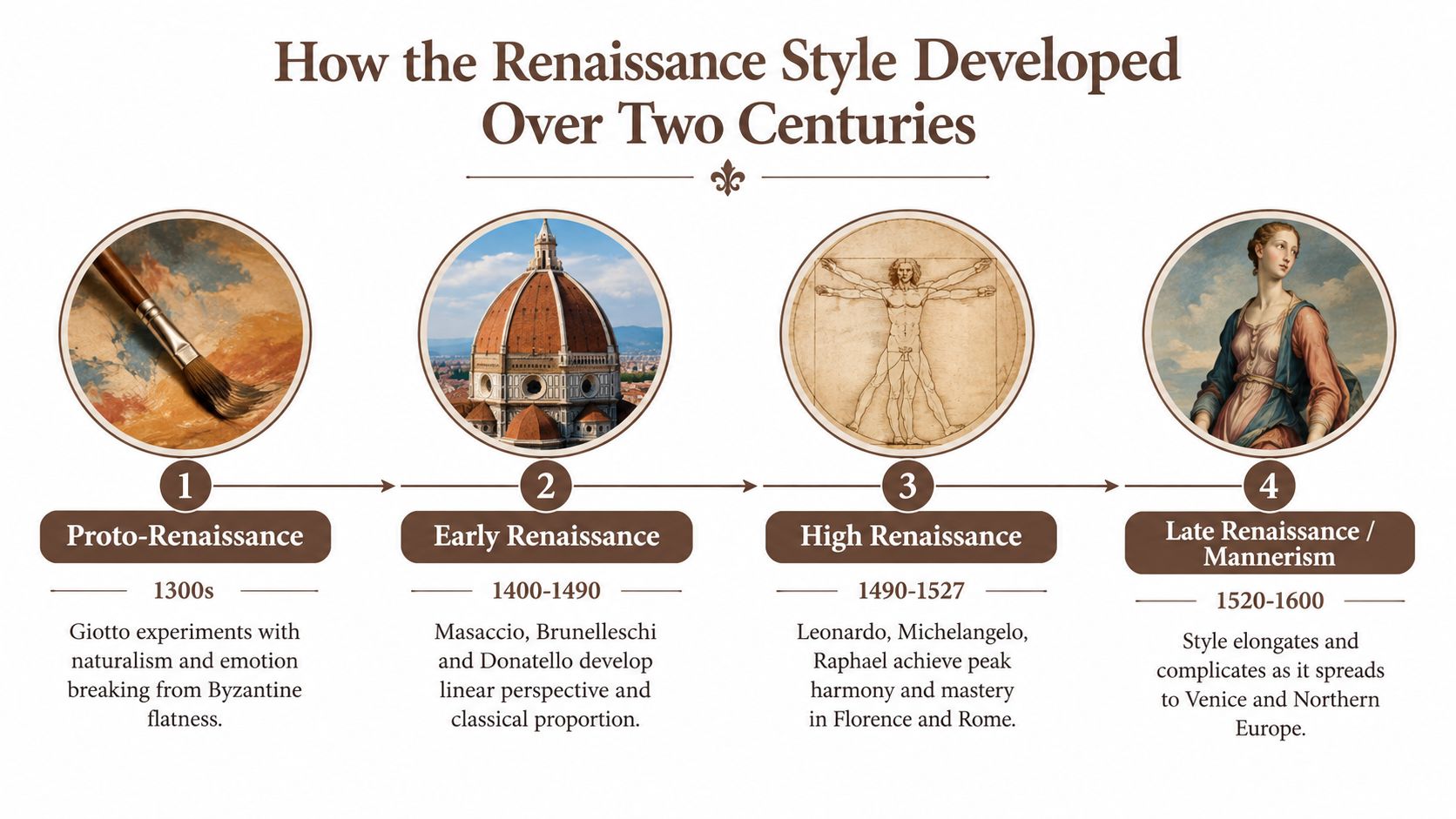 A timeline graphic showing the four stages of the Renaissance art style from 1300 to 1600.