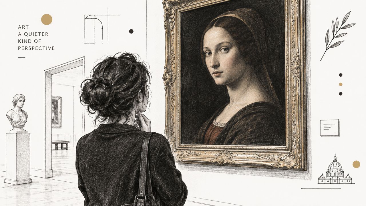 A woman in a museum observes a classical Renaissance-style oil painting of a woman in an ornate frame.